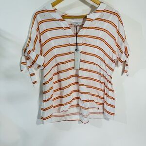 Waverly Grey Striped V-Neck White Red Short Sleeve Blouse Top NWT